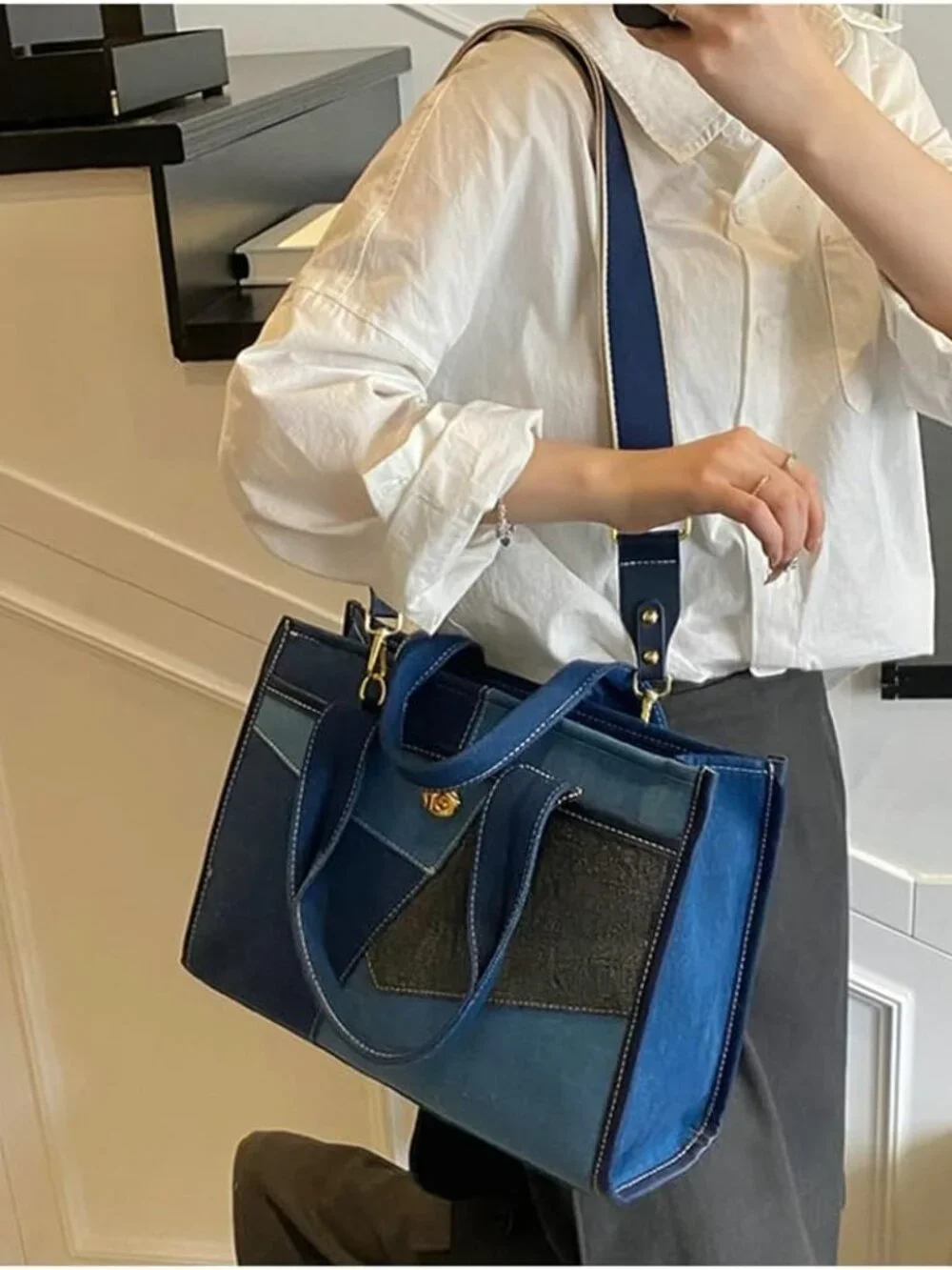 Canvas Tote Bag Women Large Denim Shoulder Bag Vintage Satchels Cute Hobo Bags W - Picture 3 of 7